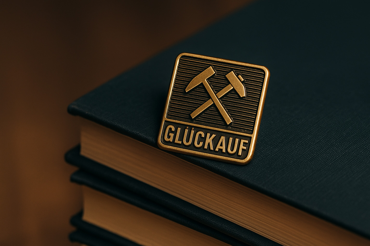 Metallisches Abzeichen mit gekreuztem Schlägel und Eisen sowie dem Schriftzug "GLÜCKAUF", liegend auf einem dunklen Buchstapel.